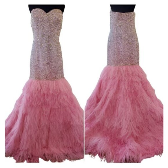 Evening Wedding Cocktail Runway Beaded Crystals Ostrich Feathers Couture Dress - Picture 1 of 16